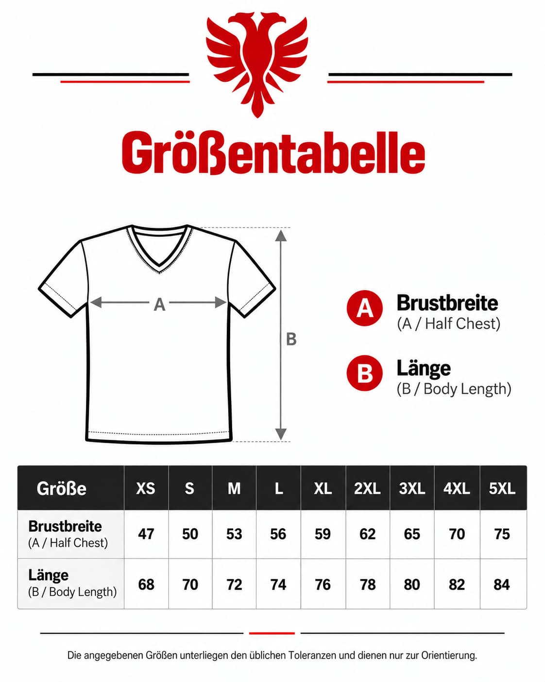 Tabela e madhësive për bluzën Jo në emrin tim me gjerësinë e gjoksit dhe gjatësinë në centimetra
