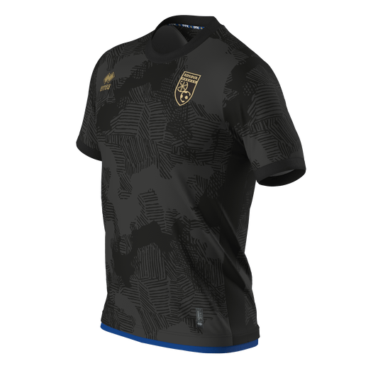 Kosovo Trikot – Seitenansicht, tonales Muster, blauer Saum
