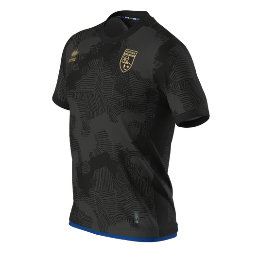 Kosovo Trikot – Seitenansicht, tonales Muster, blauer Saum