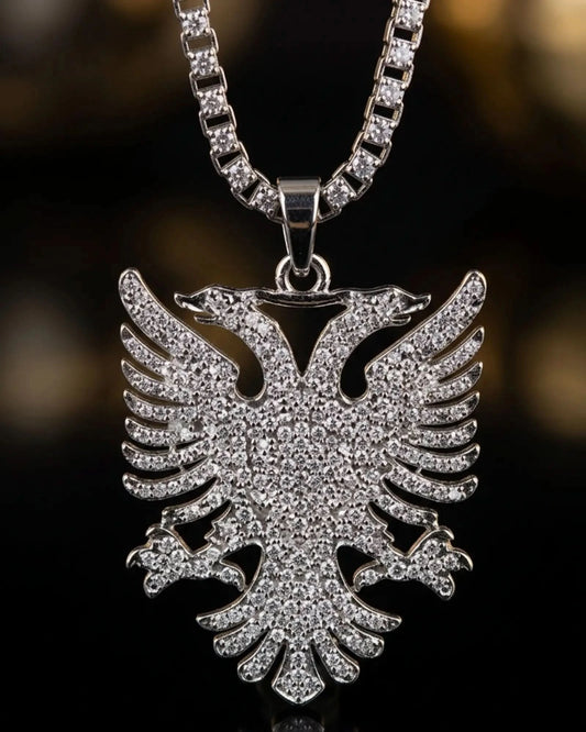 Shqiponja Iced Out Halskette – Albanischer Doppelkopfadler Zirkonia Tenniskette | Albanien Schmuck - Albanien Shop