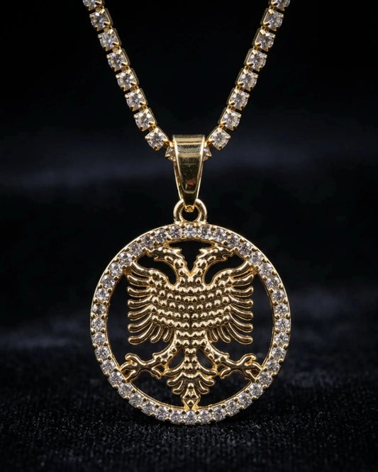 Shqiponja Kristall - Halskette – Albanischer Doppelkopfadler Medaillon mit Zirkonia - Tenniskette | Albanien Schmuck - Albanien Shop