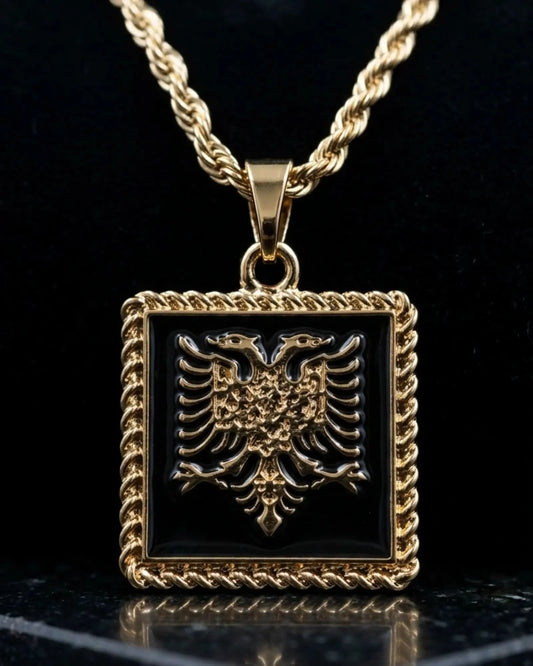 Shqiponja Quadrat - Halskette – Albanischer Doppelkopfadler Schwarz Gold | Albanien Schmuck - Albanien Shop