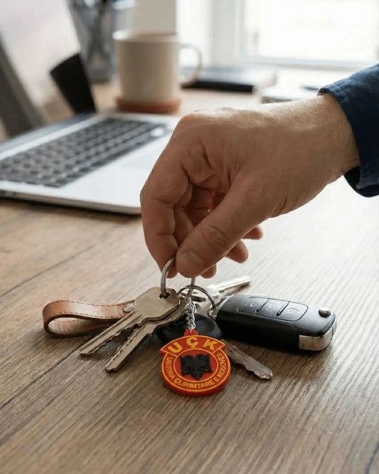 UÇK Gummi Schlüsselanhänger liegt auf Holztisch neben Autoschlüssel, Soft PVC Anhänger mit UÇK Wappen in 3D Optik