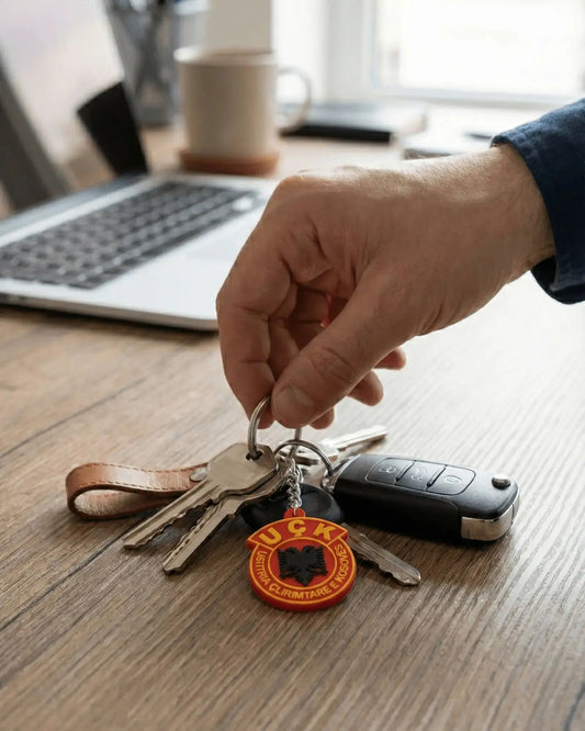 UÇK Gummi Schlüsselanhänger liegt auf Holztisch neben Autoschlüssel, Soft PVC Anhänger mit UÇK Wappen in 3D Optik