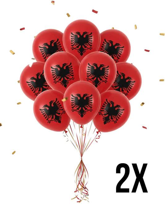 Albanien Luftballons als Bündel, rote Ballons mit schwarzem Doppeladler an gebündelten Schnüren