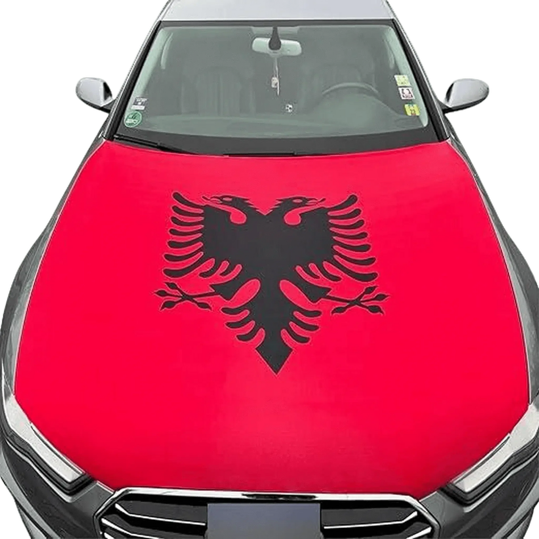 Albanien Motorhaubenflagge in Rot mit Doppeladler über die Motorhaube gespannt