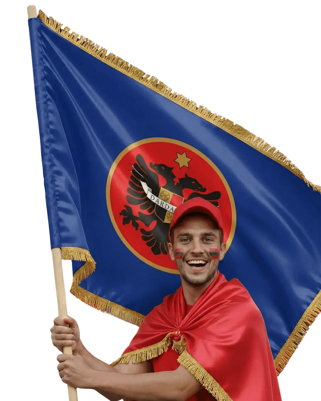 Dardania Flagge Premium mit umlaufenden Goldfransen, von einem jungen Mann aufgespannt gehalten