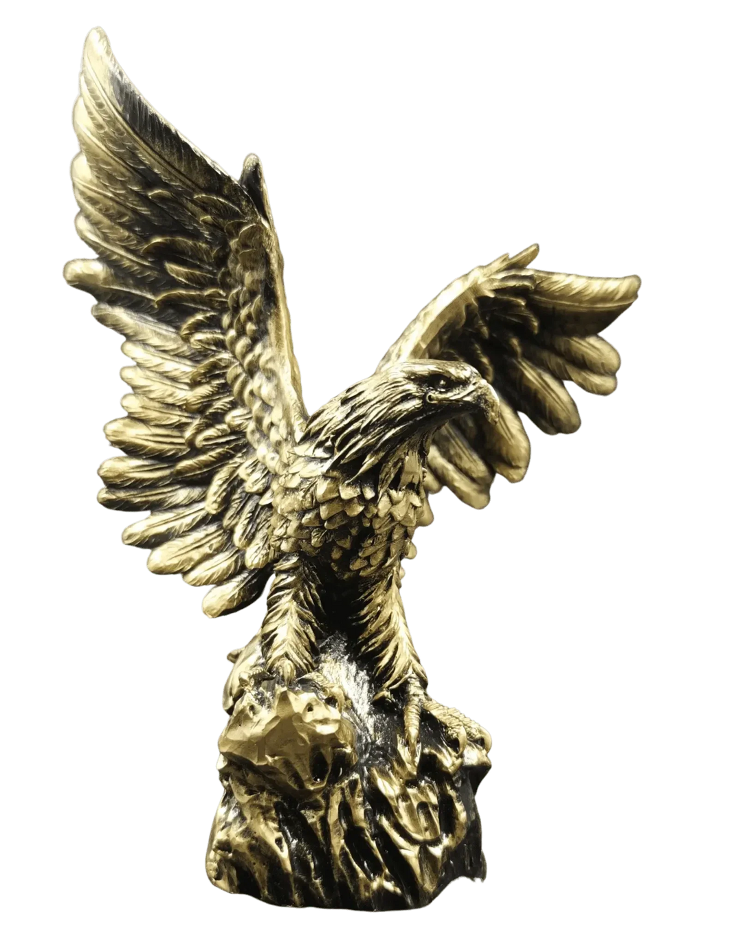 Adler-Figur in Gold-Optik, die Shqiponja mit weit gespreizten Flügeln auf Felssockel von vorn