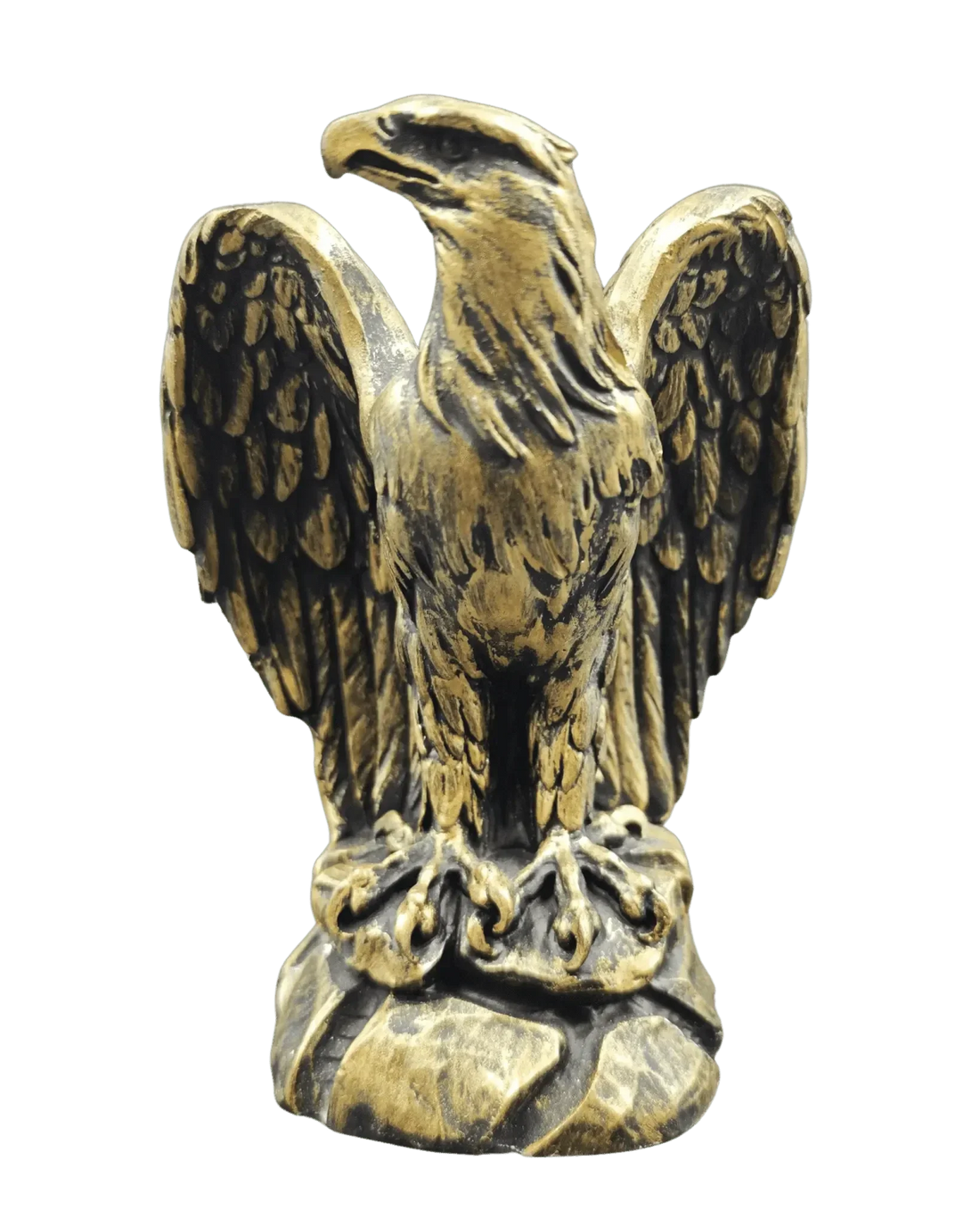 Shqiponja e Besës, die goldfarbene Adlerfigur als Symbol der Treue, frontal auf Felssockel