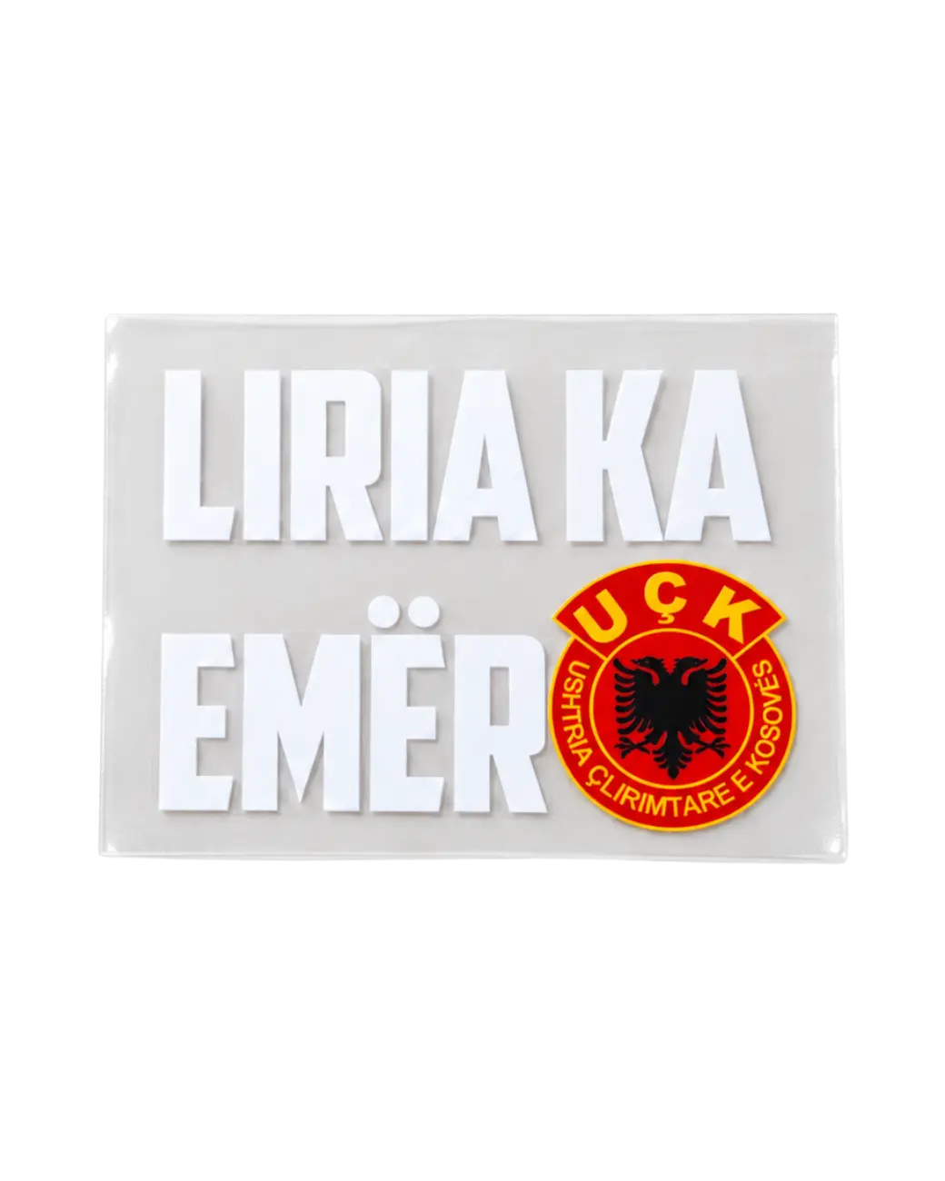 Autocollant Liria Ka Emër blanc – autocollant UV DTF avec emblème UÇK, 92x70mm