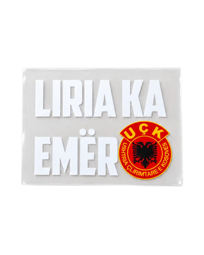 Autocollant Liria Ka Emër blanc – autocollant UV DTF avec emblème UÇK, 92x70mm
