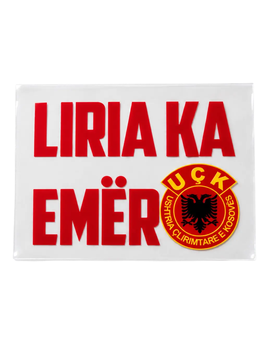 Autocollant Liria Ka Emër rouge – autocollant UV DTF avec emblème UÇK et aigle bicéphale albanais, 92x70mm