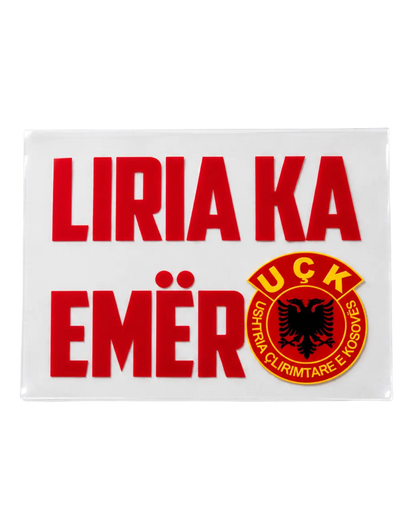 Autocollant Liria Ka Emër rouge – autocollant UV DTF avec emblème UÇK et aigle bicéphale albanais, 92x70mm