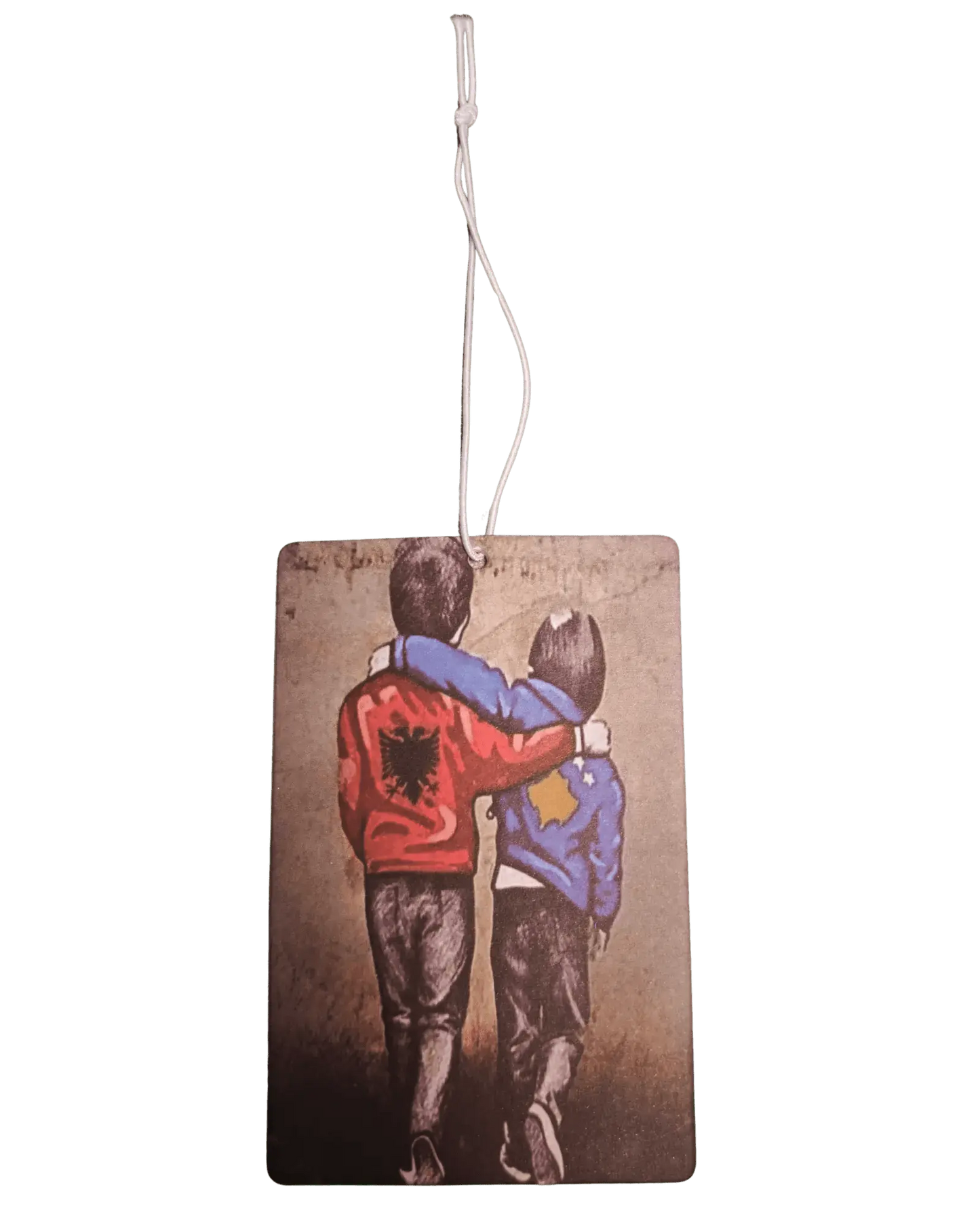 Auto Duftbaum, Motiv großer Bruder (Albanien Jacke) umarmt kleinen Bruder (Kosovo Jacke)