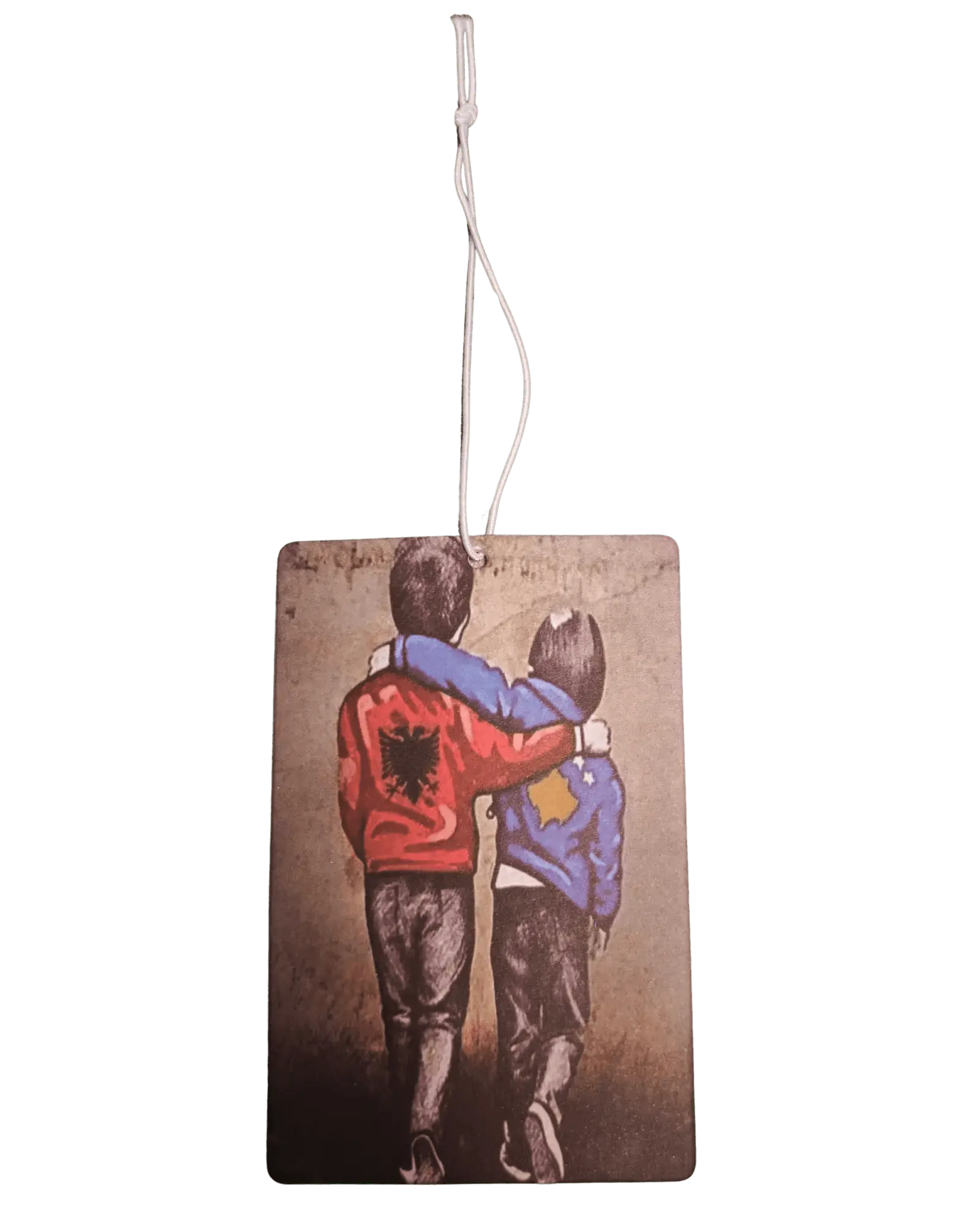 Auto Duftbaum, Motiv großer Bruder (Albanien Jacke) umarmt kleinen Bruder (Kosovo Jacke)