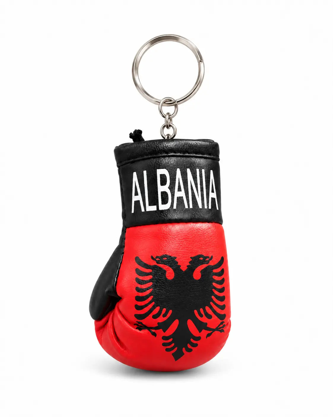 Albanien Schlüsselanhänger Mini-Boxhandschuh in Rot-Schwarz mit ALBANIA-Schriftzug und Doppeladler – Frontansicht