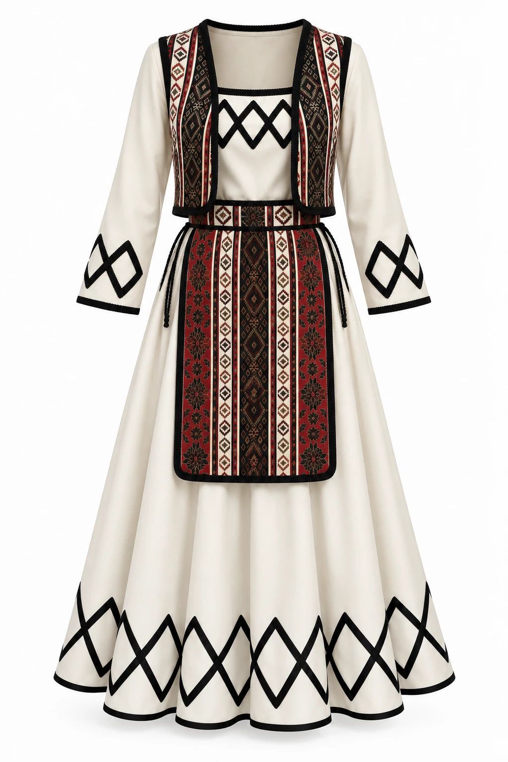 Albanian women's traditional costume Gjakova, 5 pieces, in cream with woven waistcoat and apron and black diamond-pattern trims