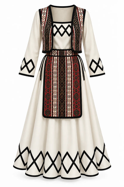 Albanian women's traditional costume Gjakova, 5 pieces, in cream with woven waistcoat and apron and black diamond-pattern trims