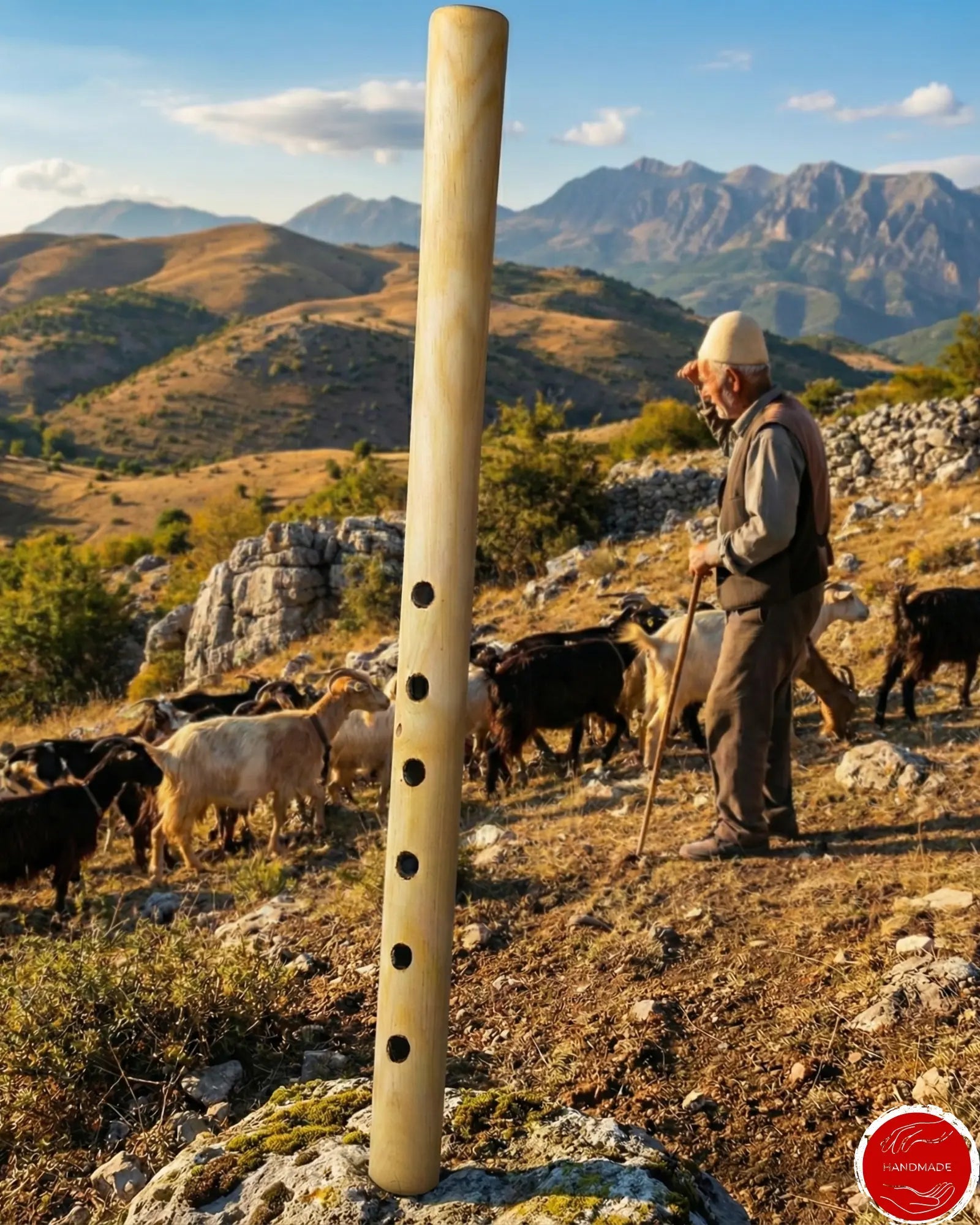 Traditionelle albanische Flöte Fyell stehend vor Berglandschaft mit Hirte und Ziegenherde.