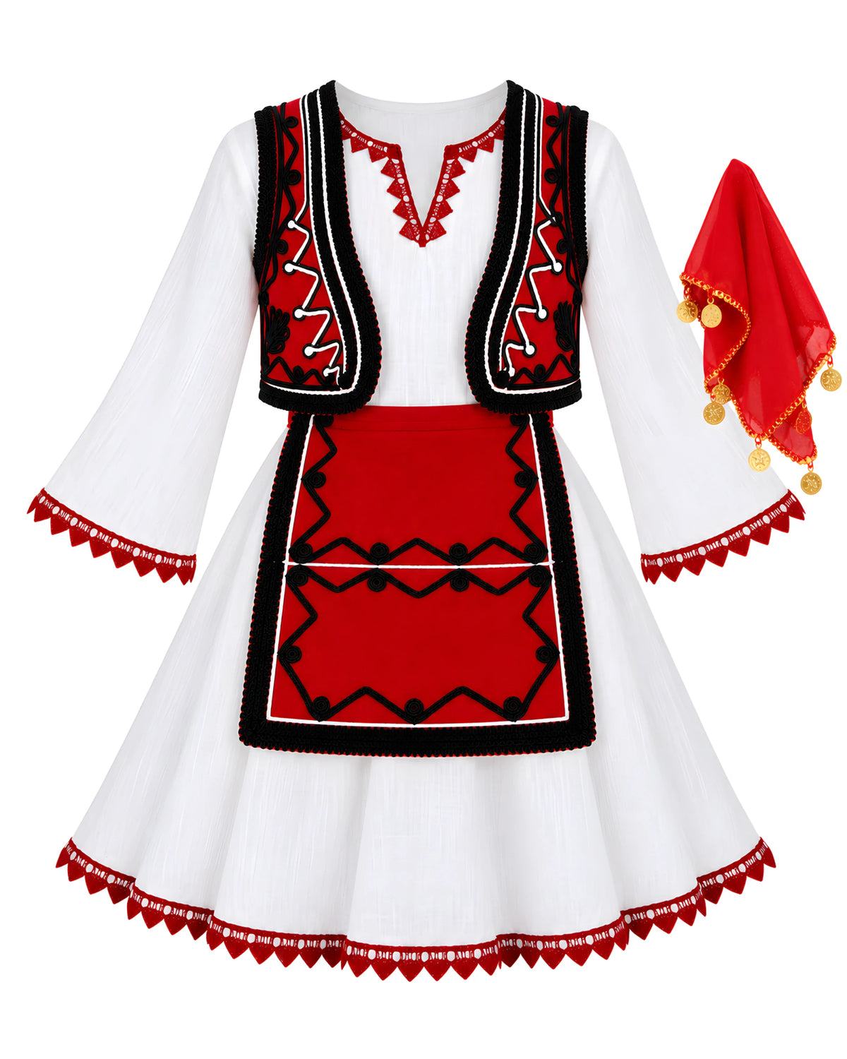 Veshje tradicionale shqiptare e Prizrenit për vajza si set i plotë – fustan tradicional i bardhë me dantellë të kuqe me grep, xhamadan i kuq, përparëse e përparme dhe duvak i kuq me monedha në ngjyrë ari, pamje nga përpara