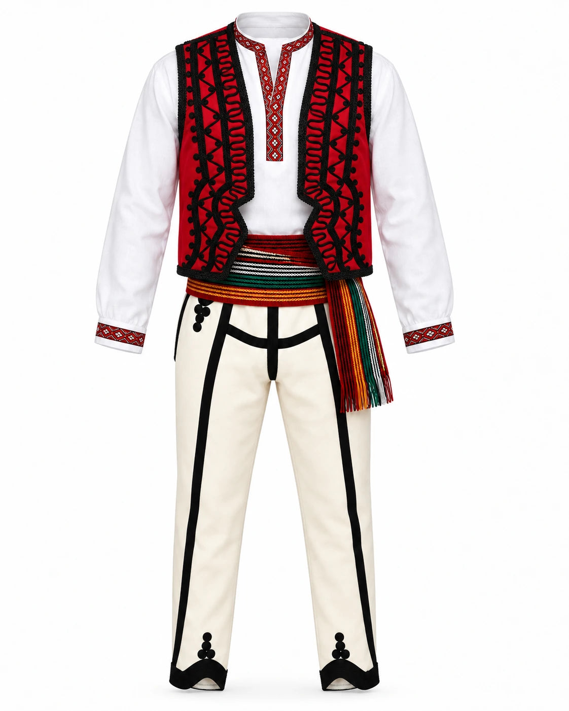 Veshje tradicionale shqiptare për burra Prizren si set i plotë – pamje nga përpara me tirq, këmishë tradicionale, shoka dhe jelek të kuq me ornamente me kordonë të zinj