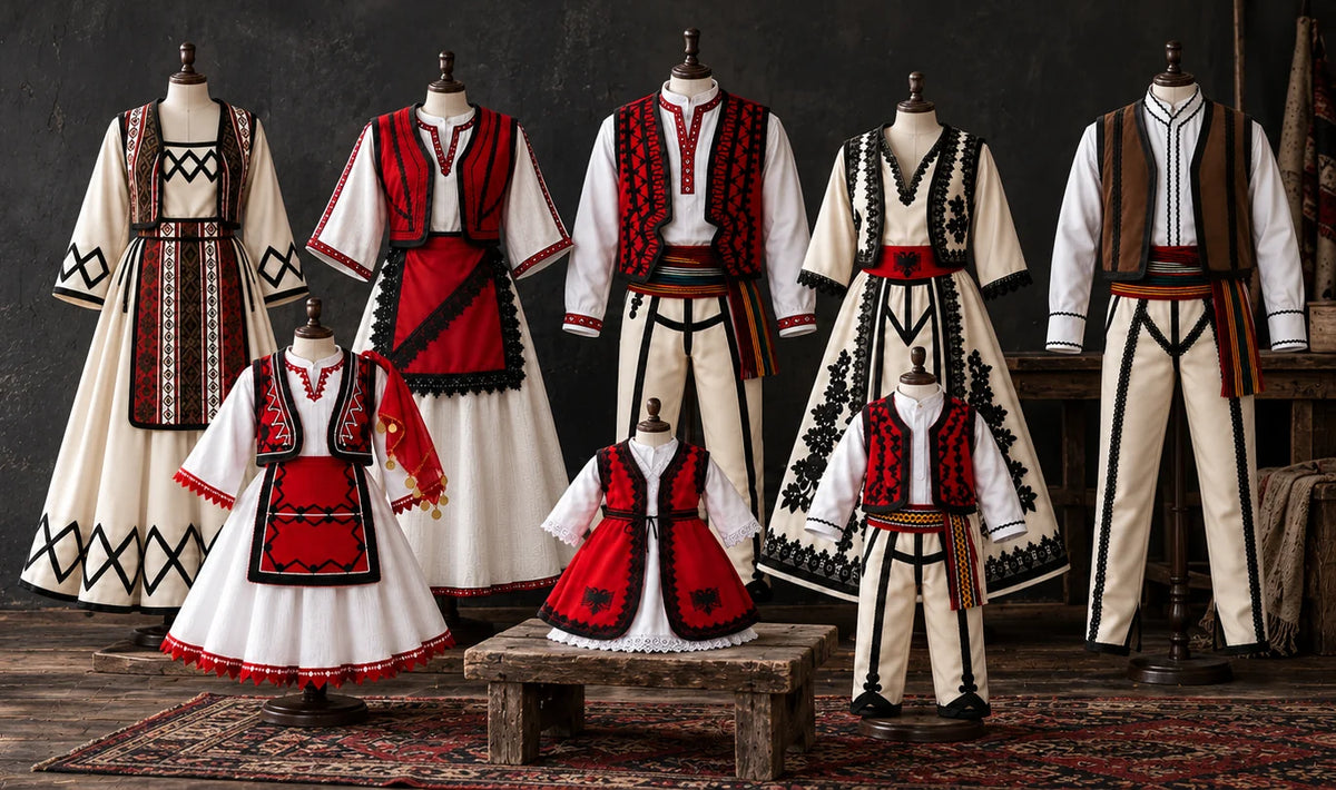 Acht albanische Trachten von Albanien.Shop auf Schneiderpuppen: Damentrachten aus Gjakova und Prizren, Männertrachten aus Prizren und Gjakova sowie Mädchen-, Jungen- und Babytracht