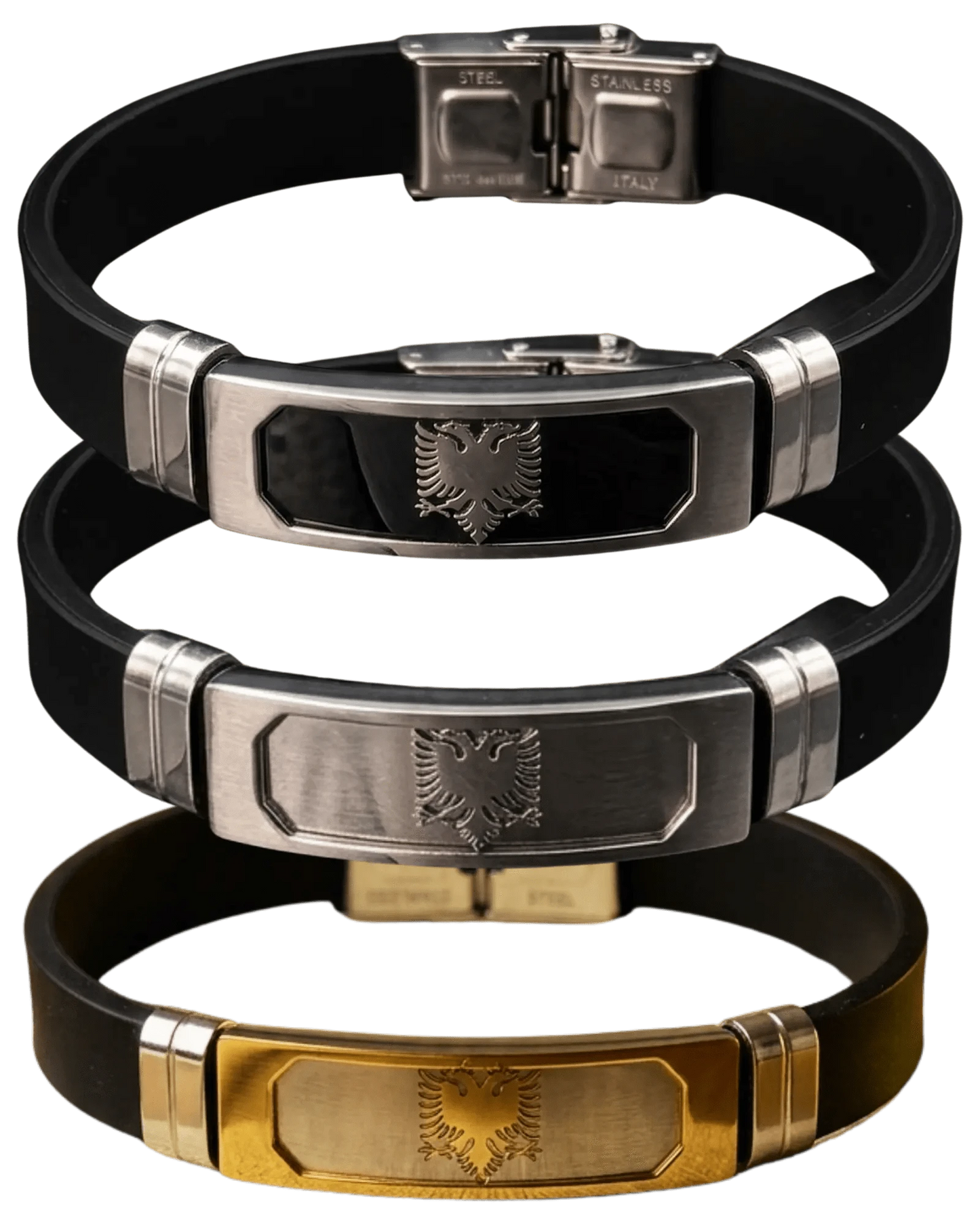 Albanisches Adler - Armband Edelstahl – Shqiponja Gummiarmband | Schwarz, Silber, Gold - Albanien Shop