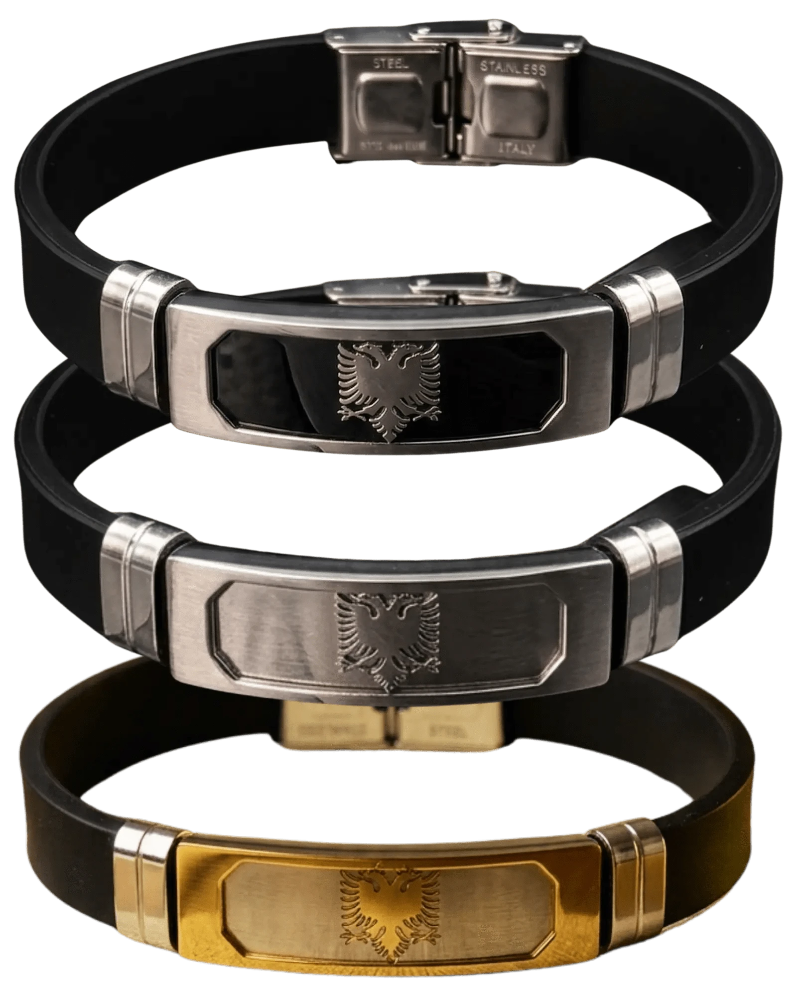 Albanisches Adler - Armband Edelstahl – Shqiponja Gummiarmband | Schwarz, Silber, Gold - Albanien Shop