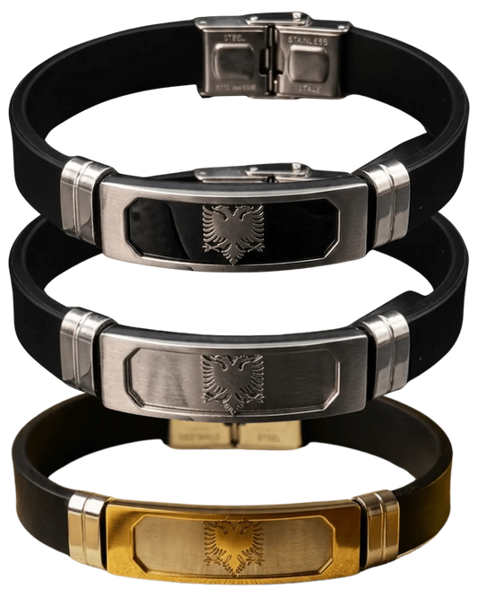 Albanisches Adler - Armband Edelstahl – Shqiponja Gummiarmband | Schwarz, Silber, Gold - Albanien Shop