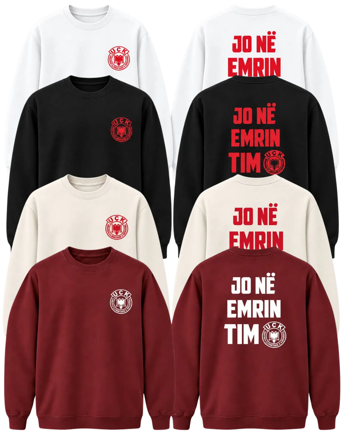 Jo në emrin tim sweatshirt in all four colours – white, black, natural and burgundy, front and back
