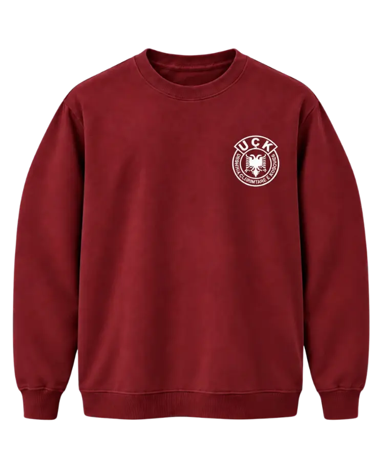 Front of the burgundy Jo në emrin tim sweatshirt with the white UÇK emblem on the left chest