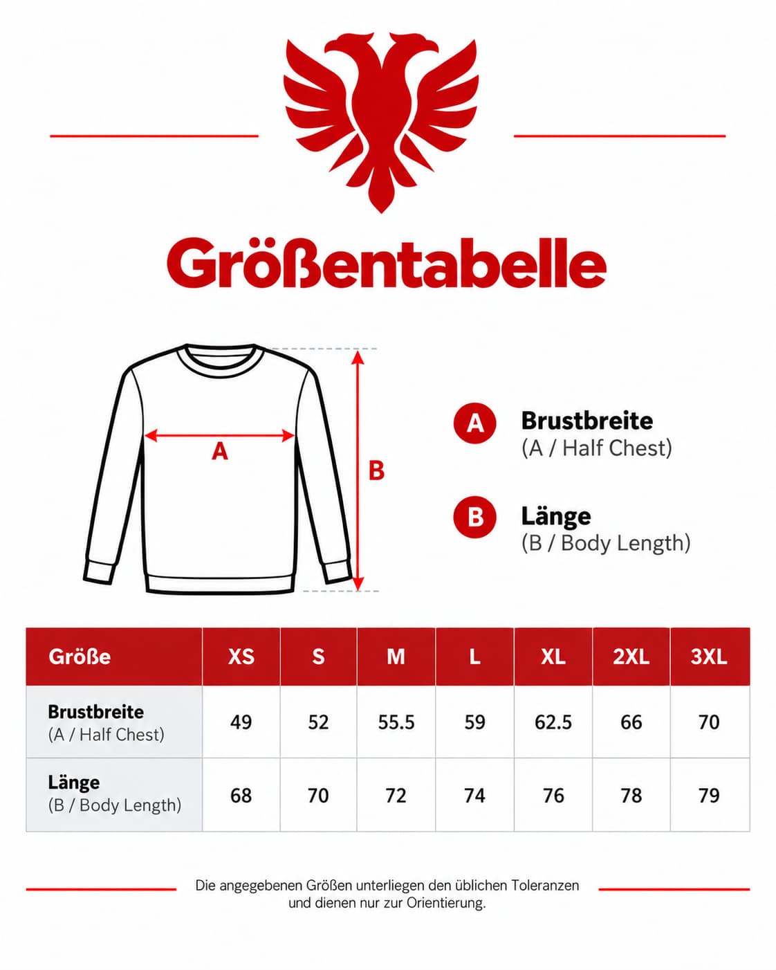 Size chart for the Jo në emrin tim sweatshirt with chest width and length in centimetres