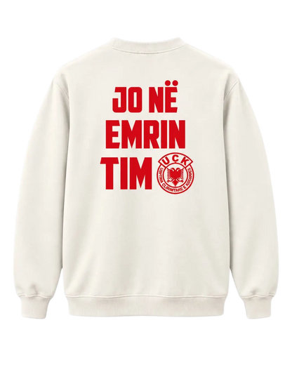 Back of the natural-coloured Jo në emrin tim sweatshirt with red lettering and UÇK emblem