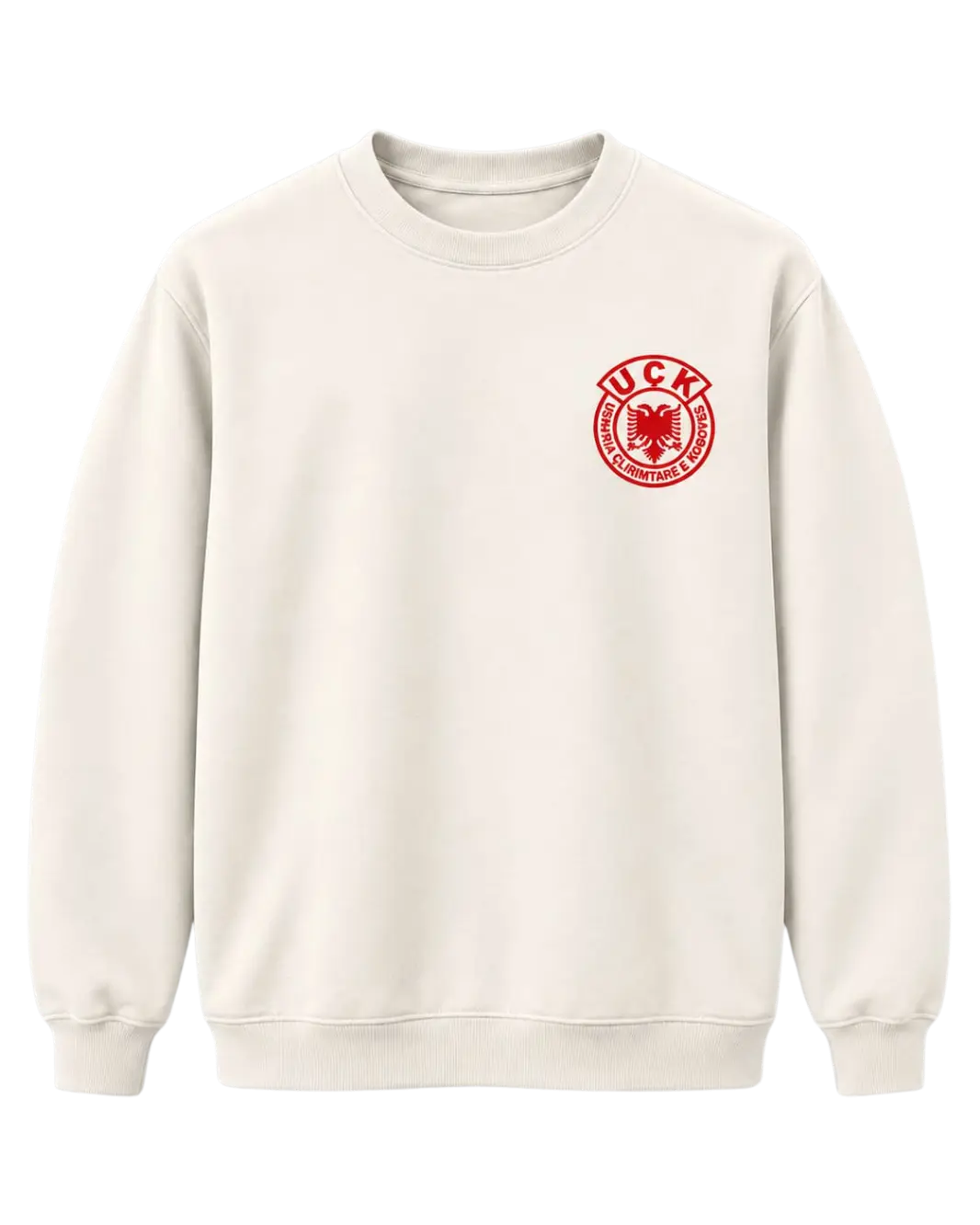Front of the natural-coloured Jo në emrin tim sweatshirt with the red UÇK emblem on the left chest