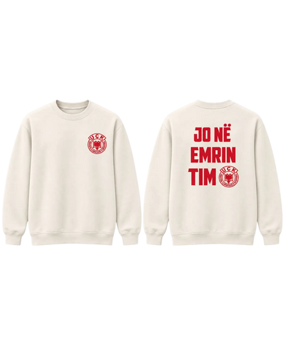 Jo në emrin tim sweatshirt in natural – front with red UÇK emblem, back with red lettering