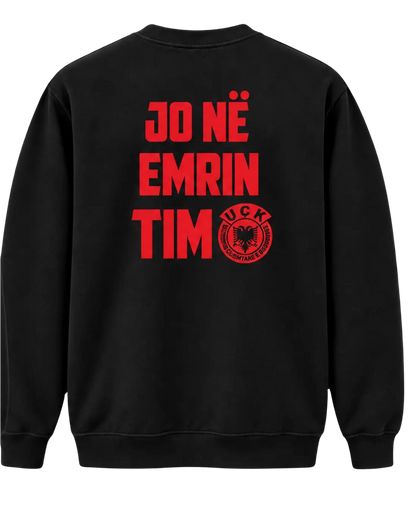 Back of the black Jo në emrin tim sweatshirt with red lettering and UÇK emblem