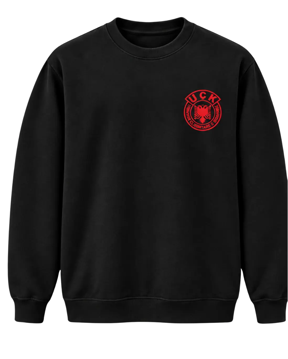 Front of the black Jo në emrin tim sweatshirt with the red UÇK emblem on the left chest