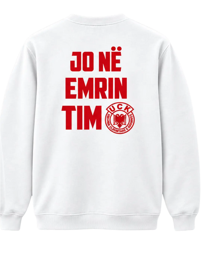 Back of the white Jo në emrin tim sweatshirt with red lettering and UÇK emblem