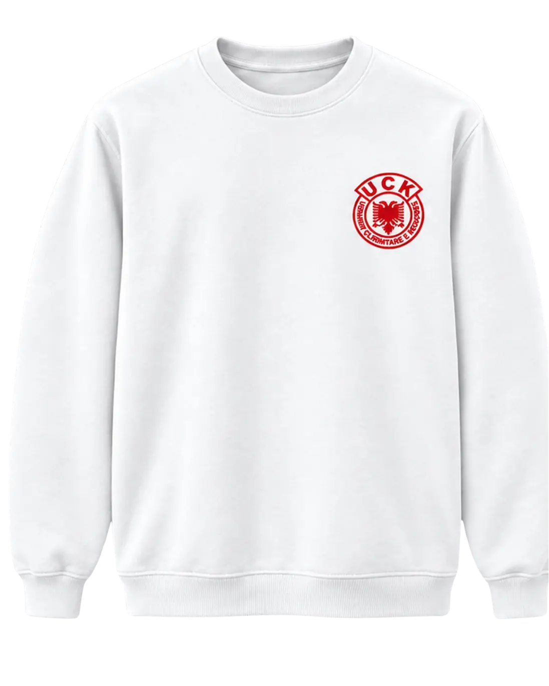 Front of the white Jo në emrin tim sweatshirt with the red UÇK emblem on the left chest