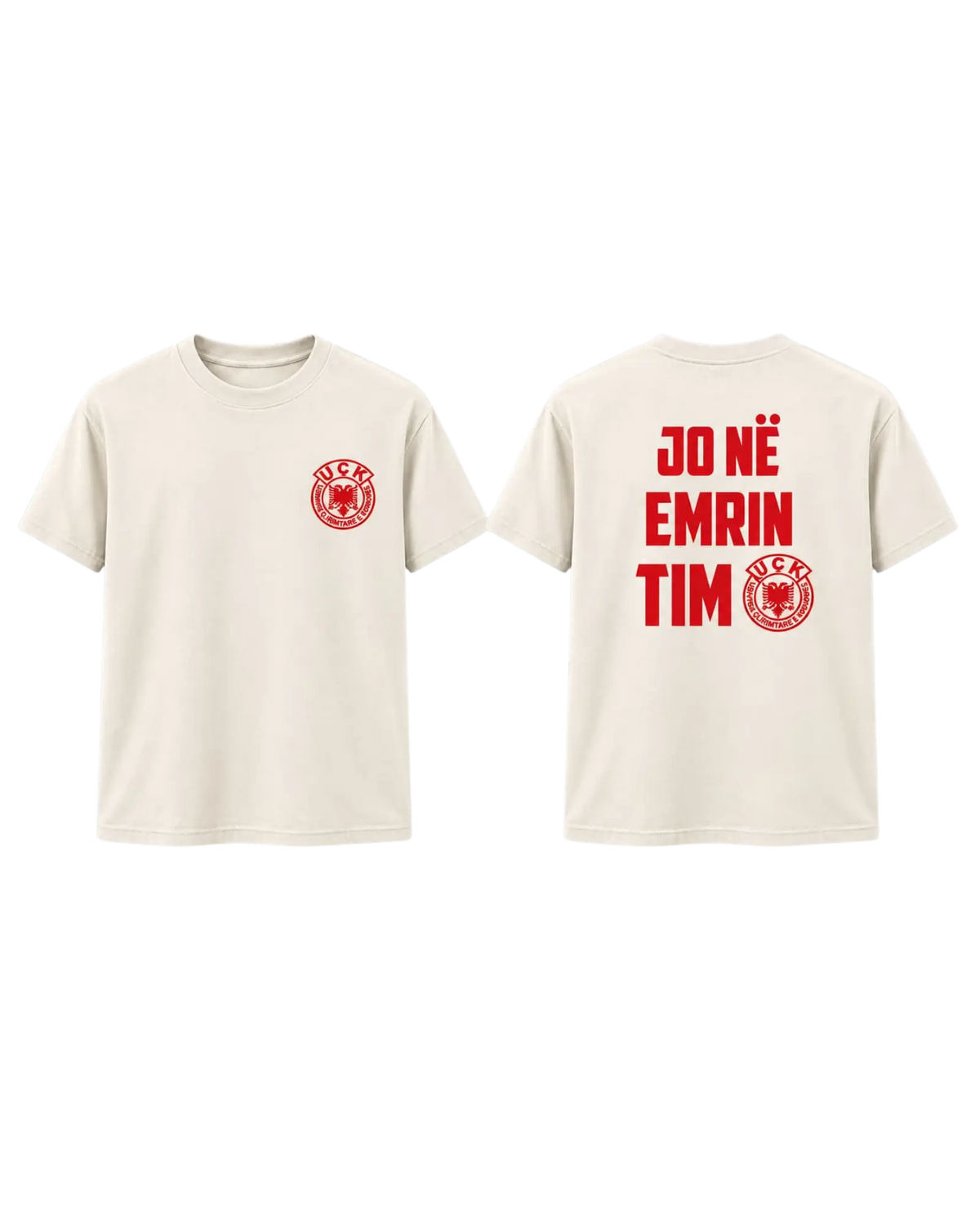 Bluza Jo në emrin tim në ngjyrë natyrale – përpara emblema e UÇK-së në të kuqe, prapa mbishkrimi i kuq