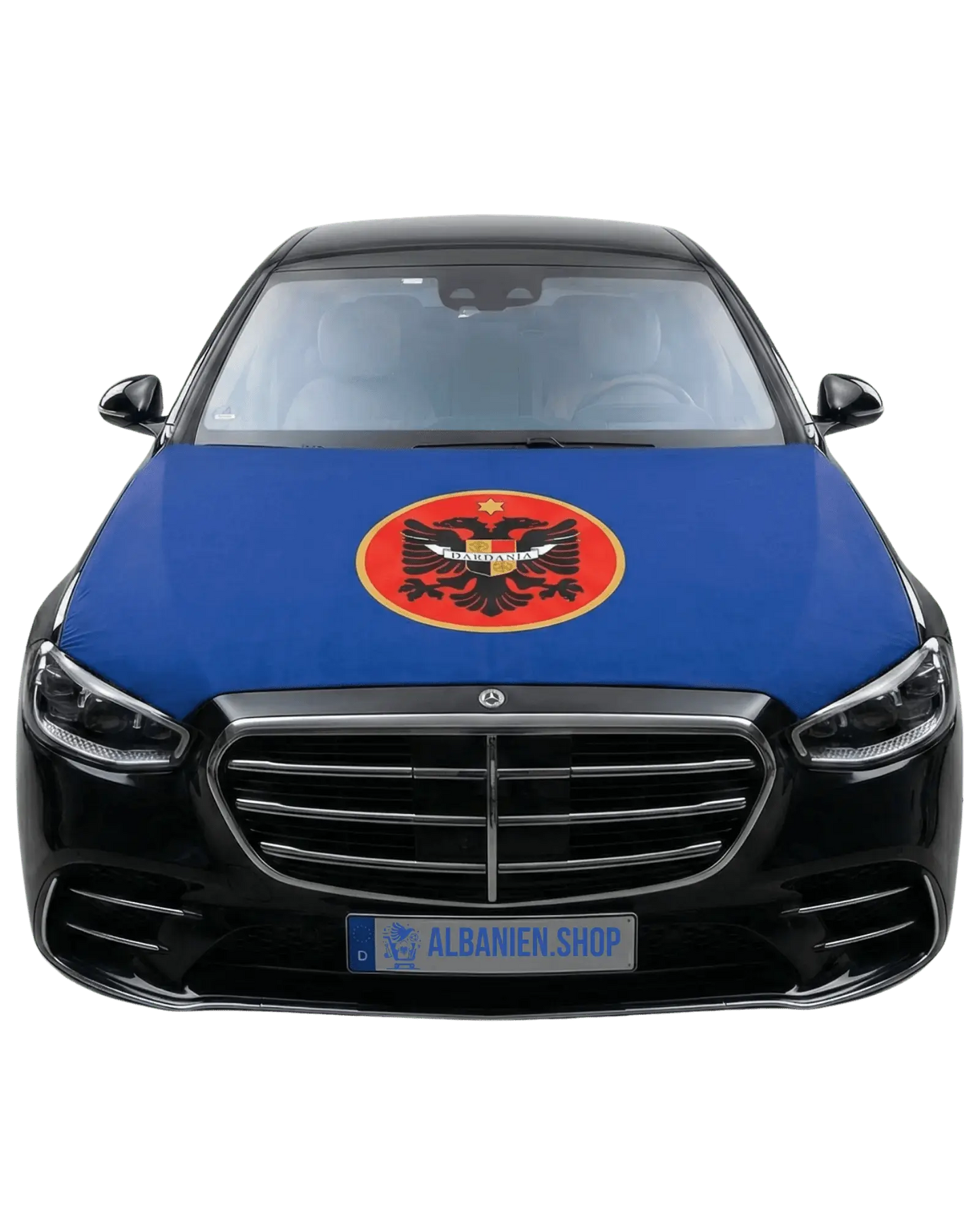 Dardania Motorhaubenflagge auf Auto montiert, blaue Dardanien Fahne mit Adler und Wappen für Autokorso