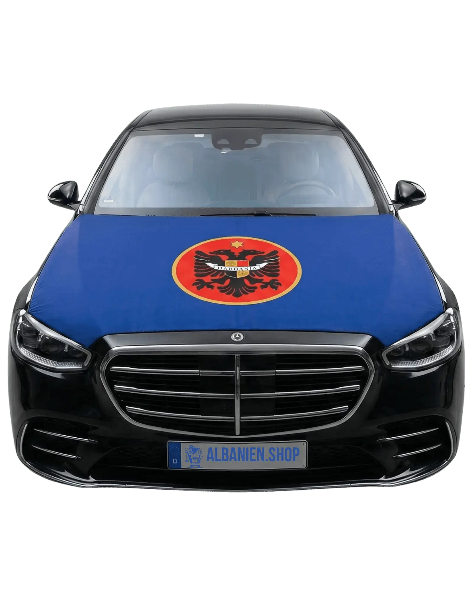 Dardania Motorhaubenflagge auf Auto montiert, blaue Dardanien Fahne mit Adler und Wappen für Autokorso