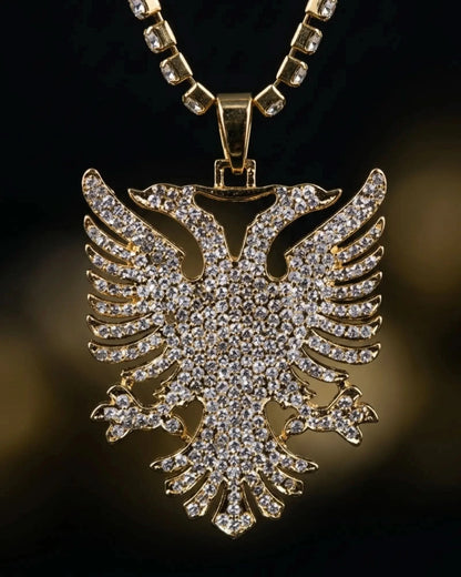 Shqiponja Iced Out Halskette – Albanischer Doppelkopfadler Zirkonia Tenniskette | Albanien Schmuck - Albanien Shop