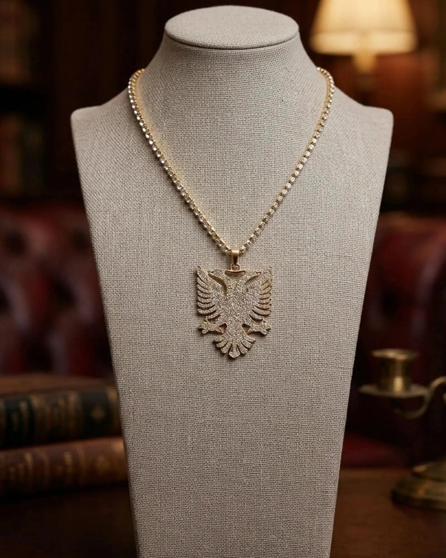 Shqiponja Iced Out Halskette – Albanischer Doppelkopfadler Zirkonia Tenniskette | Albanien Schmuck - Albanien Shop