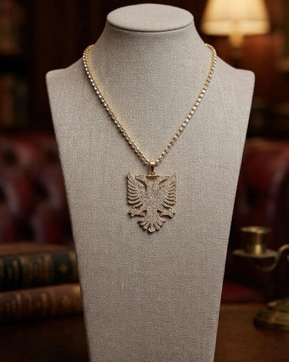 Shqiponja Iced Out Halskette – Albanischer Doppelkopfadler Zirkonia Tenniskette | Albanien Schmuck - Albanien Shop