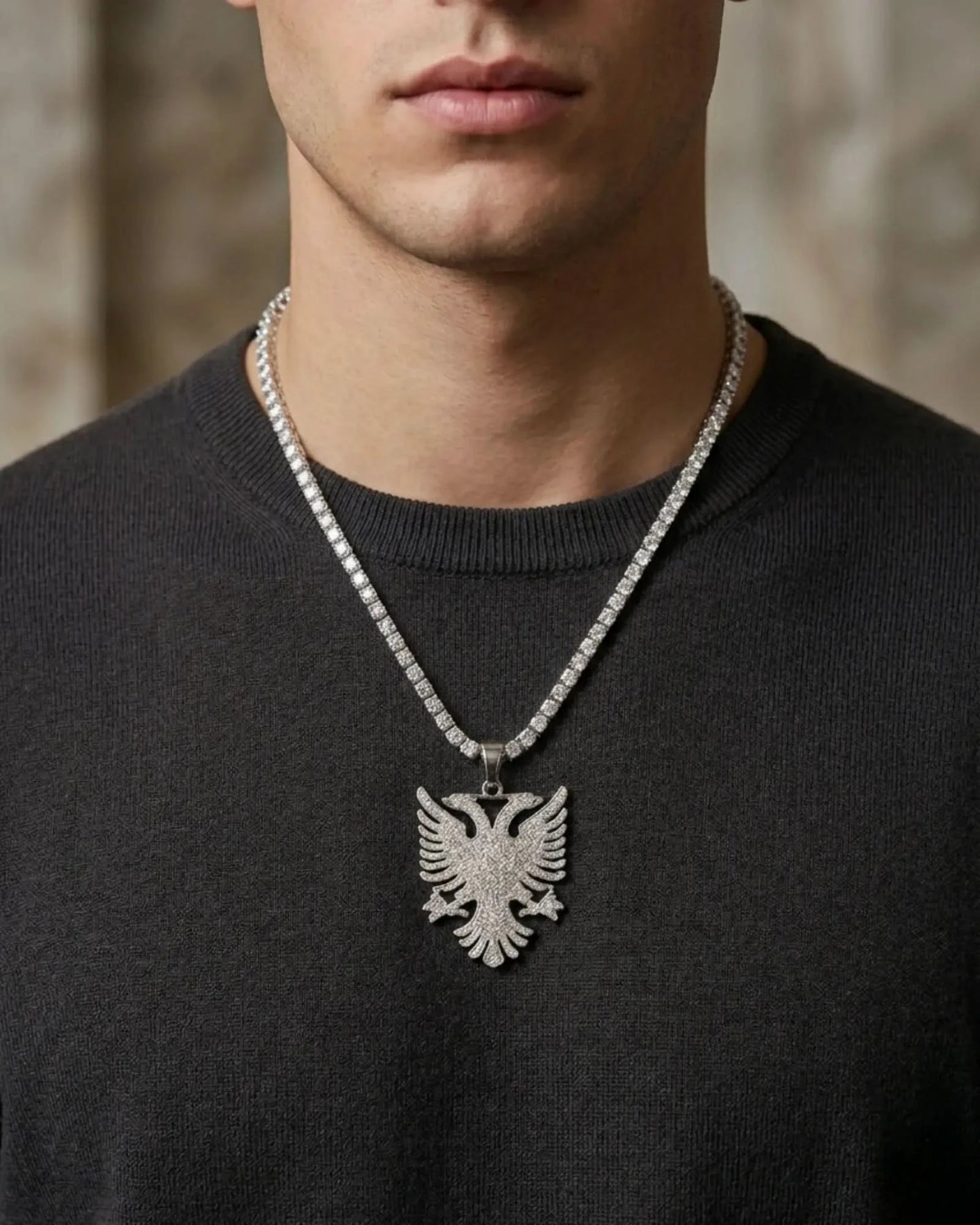 Shqiponja Iced Out Halskette – Albanischer Doppelkopfadler Zirkonia Tenniskette | Albanien Schmuck - Albanien Shop