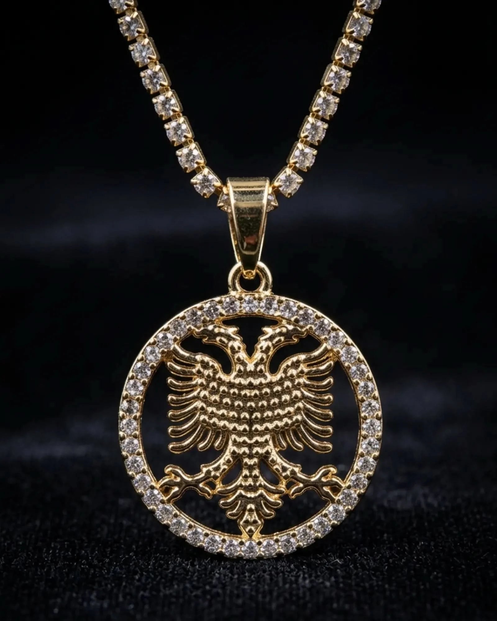 Shqiponja Kristall - Halskette – Albanischer Doppelkopfadler Medaillon mit Zirkonia - Tenniskette | Albanien Schmuck - Albanien Shop