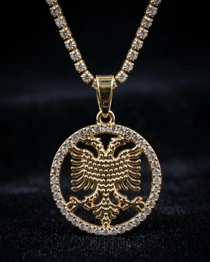 Shqiponja Kristall - Halskette – Albanischer Doppelkopfadler Medaillon mit Zirkonia - Tenniskette | Albanien Schmuck - Albanien Shop