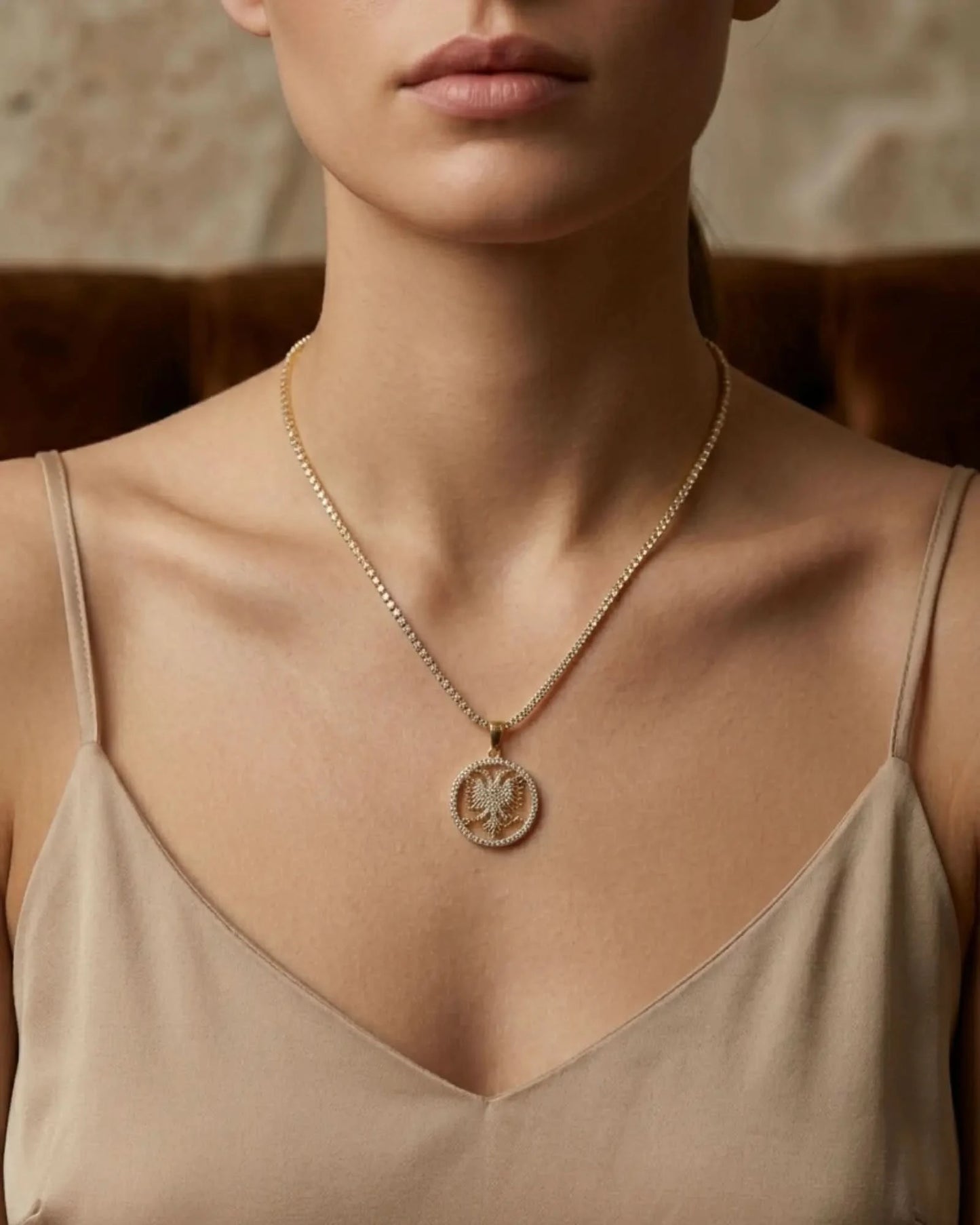 Shqiponja Kristall - Halskette – Albanischer Doppelkopfadler Medaillon mit Zirkonia - Tenniskette | Albanien Schmuck - Albanien Shop