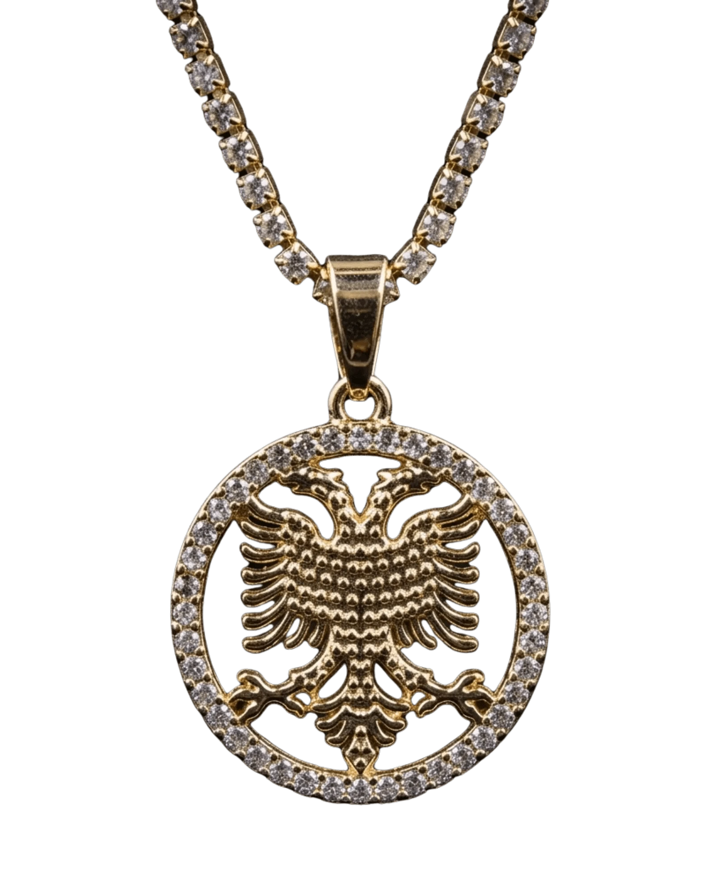 Shqiponja Kristall - Halskette – Albanischer Doppelkopfadler Medaillon mit Zirkonia - Tenniskette | Albanien Schmuck - Albanien Shop